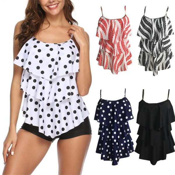 Plus Size Two Piece Swimsuit Polka Dot Print Swimwear Women Ruffle ...