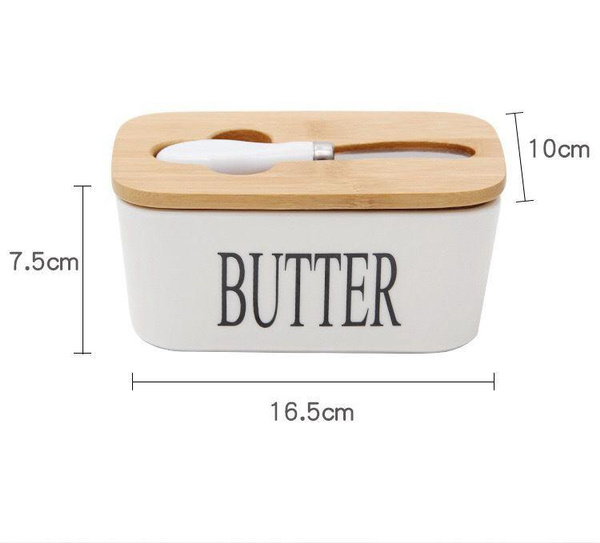 Porcelain Butter Dish Box Wooden Lid Deep Storage Tray Ceramic Gift Set Covered 