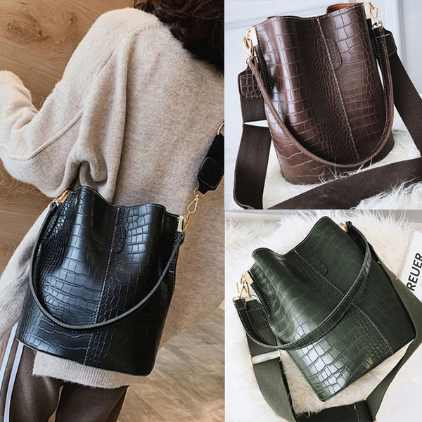 Luxury Handbag Bucket Bag Leather Shoulder Purse Large Wide Strap