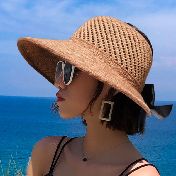 SANGQU Ladies Sun Hat Womens Simple Casual Wide-Brimmed Foldable Beach Hat Outdoors Sunscreen Hat Traveling Visors