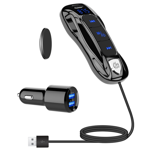 Bluetooth 5.0 FM transmitter, SONRU Bluetooth car radio adapter handsfree  Dual USB ports (QC3.0 / 2.4A) with 1.1M cable, A2DP crystal sound quality,  voltage display, TF card play