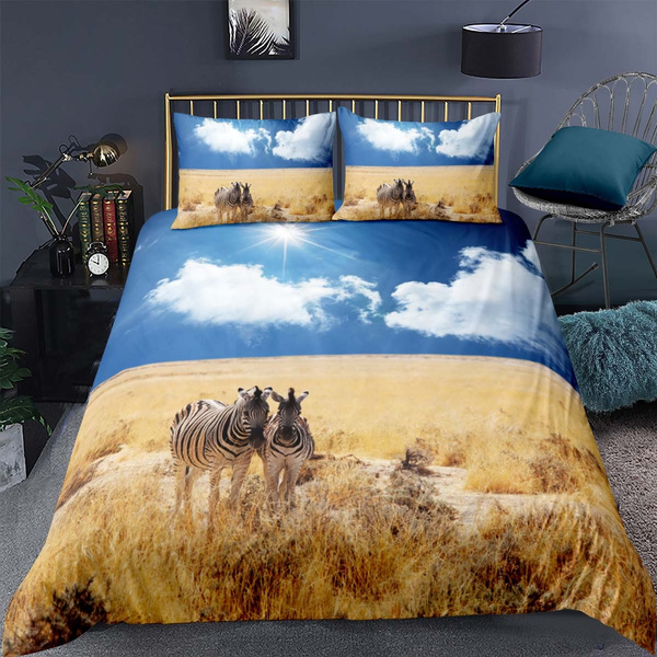 Safari Animal Bedding Set,Zebra Wildlife In Sunny Wilderness Forest Blue  Sky Sunshine Travel Teen Boys,Decorative 3 Pieces Comforter Cover US Twin  Full Queen King Size 1 Duvet Cover And 1 or 2