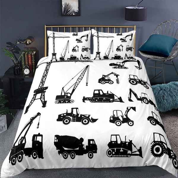 Construction Comforter Cover,Kid Boys Car Trucks Tractors Silhouettes  Industrial Set,White And Black,Decorative 3 Pieces Bedding Set UK Single  Double 