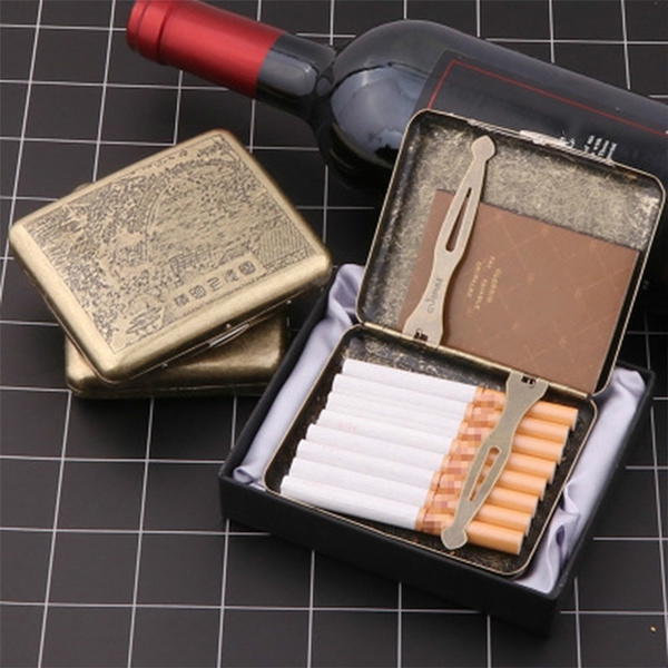 Creative 20 Sticks Cigarette Case vintage Metal Pure Copper Cigarette  Holder Carved Pressure-resistant Dust-proof Smoking Set Gift Box for Men