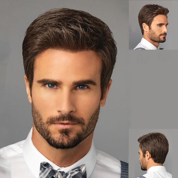 Men Wigs Dark Brown Short Hair Male Guy Layered Wavy Pop Star