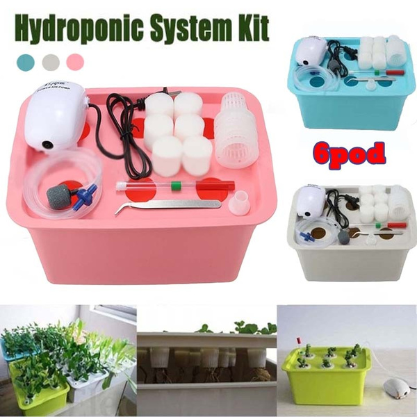 6 Plant Site Deep Water Culture Hydroponic System Bubble Tub Air Pump Grow Kit 