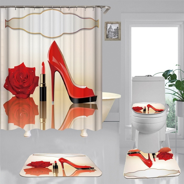 Valentine's Day Gold Hand Writing Red Roses Shower Curtain Set Bathroom Decor LB 
