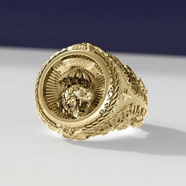 Gold Beaded Lion Symbol Of Strength & Courage Medallion Ring | Factory  Direct Jewelry