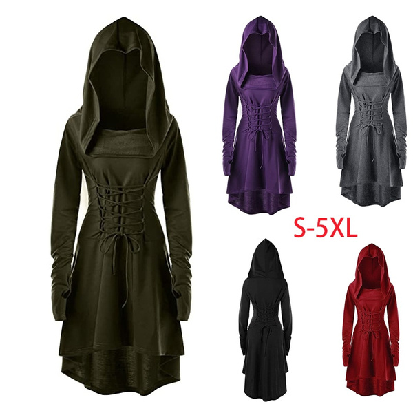 Renaissance Costume Hooded Robe Lace Up Vintage Pullover Long Hoodie Dress Cloak 