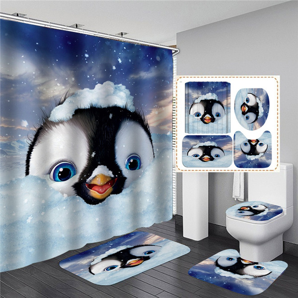 Details about   Cute Penguin Door Bath Mat Toilet Cover Rugs Shower Curtain Bathroom Decor 