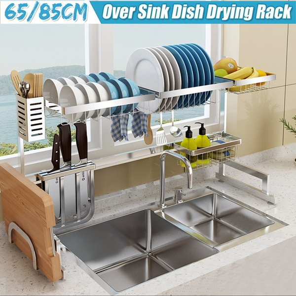 2 Tier Over Sink Dish Drying Rack Drainer Shelf Stainless Steel Utensils  Stand