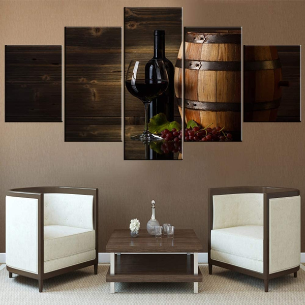 5pieces Wine Glass Painting Red Bottle Wall Art Wooden Barrel Picture Hd Print Canvas Poster Oil Home Decor Pictures Living Room No Framed - Glass Wine Wall Decor