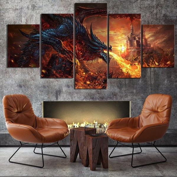 5 Piece Fire Dragon Poster World of Warcraft Game Dragon Pictures Wall ...