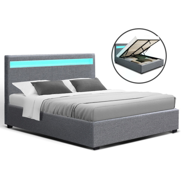 Artiss Led Bed Frame Queen Size Gas, Queen Size Gas Lift Bed Frame Base With Storage