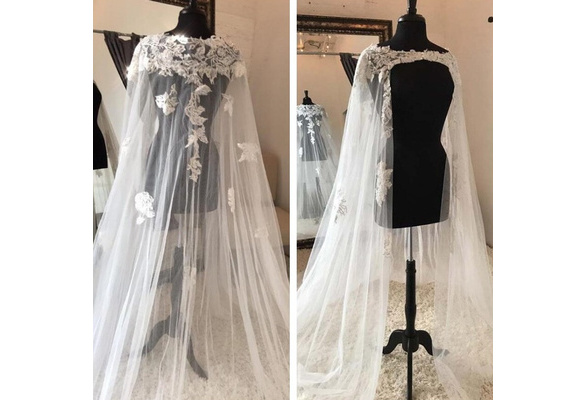 Wedding Tulle Bridal Wrap Long Cape White Ivory Jacket Shawl Applique Cloak