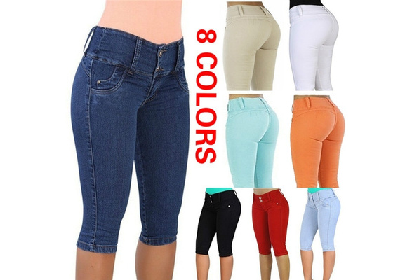 Mulheres Plus Size Capri Jeans Slim Fit Cintura Alta 3/4 Shorts
