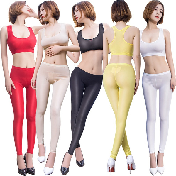 Women's Transparent Thin Tight Elastic Sheer See Through Top&Leggings Two  Picese Suit(Bra&Pants)