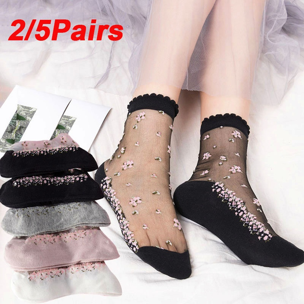 Ultra Thin Women's Transparent Socks Breathable Lady Crystal Lace Ankle Socks 