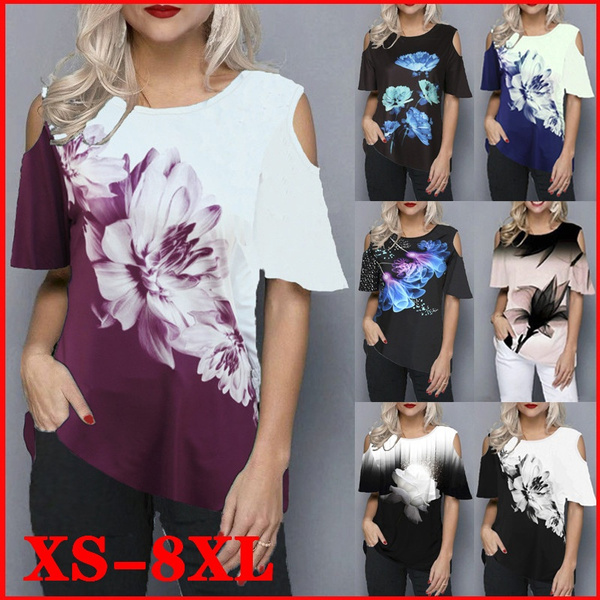 Tops Con Hombros Descubiertos Camiseta Estampada Con Flores Tops Con Hombros Descubiertos Camiseta Estampada Con Flores