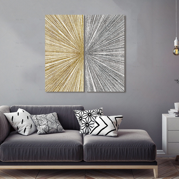 2 Piece Modern Gold Silver Lines Stripes Cers Abstract Paintings Canvas Black On White Print Posters Wall Art Pictures For Living Room Home Decor Wish - Black And Silver Home Decor