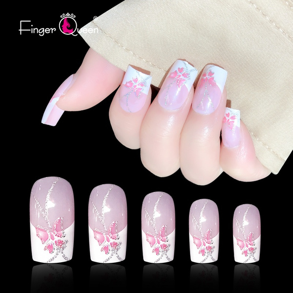 pics Pink Long Coffin Acrylic Nails Butterfly 24ps long ballerina false nails pink butterfly coffin shaped fake nails finger beauty nail art tools wish