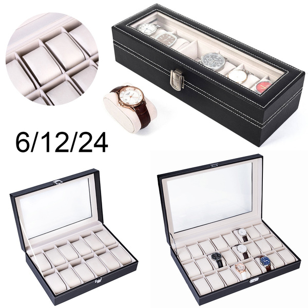6/12/24 Compartments Toplevel Opening Style Leather Watch Collection Display Box Black Wish
