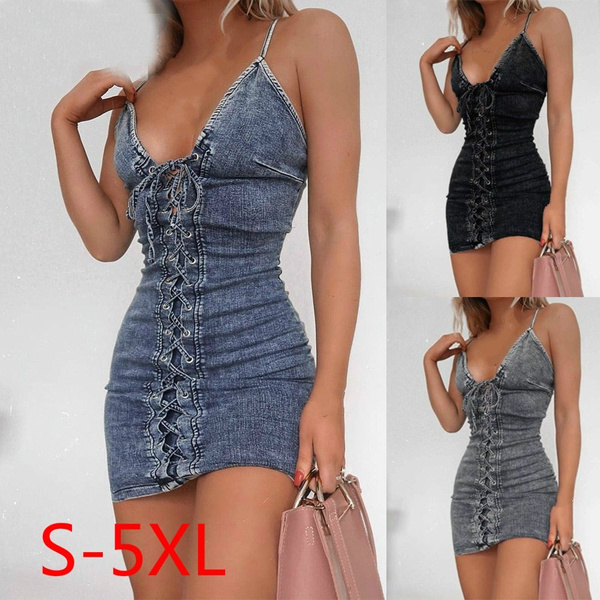 Women New Fashion Lace Up Denim Dress 