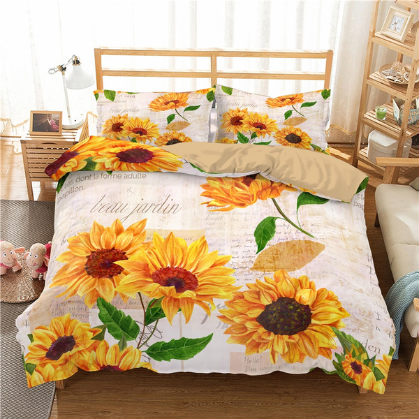 Vintage Sunflower Printed 2/3Pcs Cotton Duvet Cover and Pillow Case ...