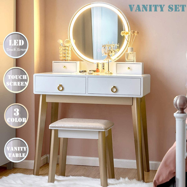 Touch Screen Dimming Mirror, Led Vanity Table Set With Lighted Touch Screen Mirror Cushioned Stool