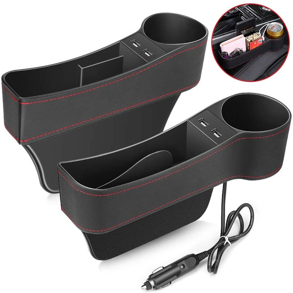 Car Seat Pockets PU Leather Car Console Side Organizer Seat Gap Filler with Big Cup Holder 2 USB Chargers for Driver Side 