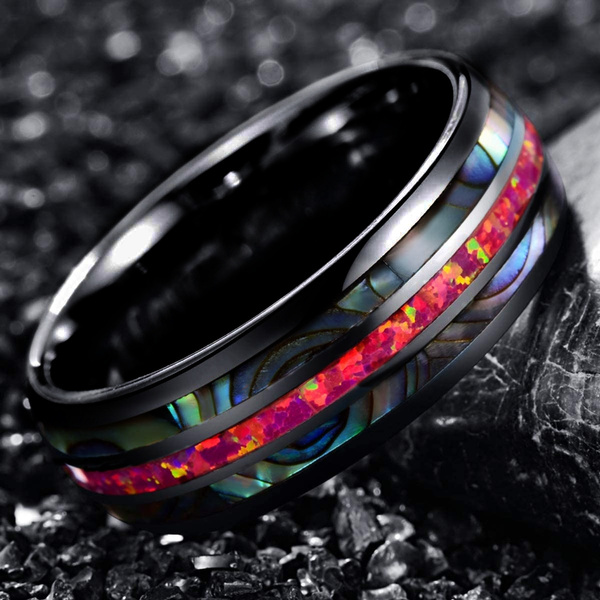 Mens black opal wedding on sale band