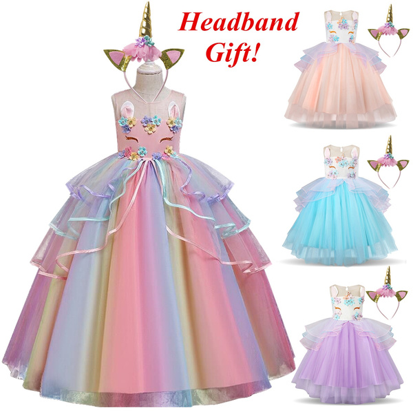 2 Styles Girls Unicorn Cosplay Dress with Headband Princess Birthday ...