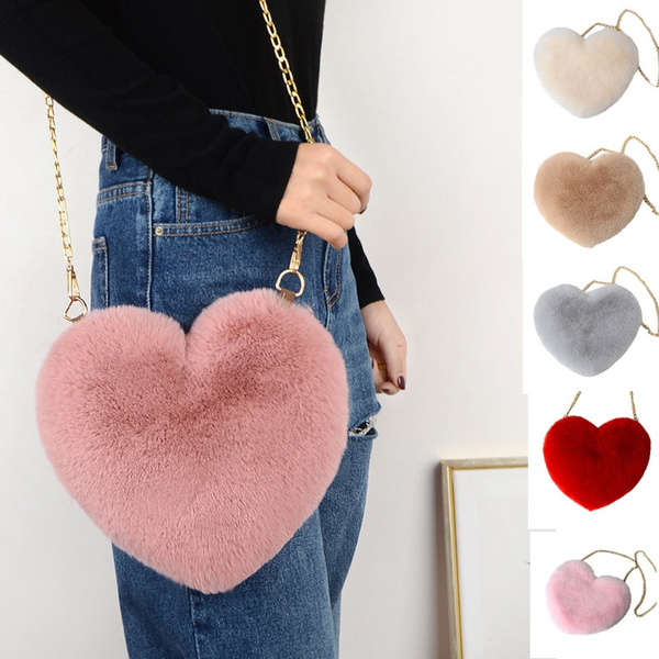 Womens Heart Shape Shoulder Bag Purse Faux Fur Pouch with Chain Girls NEW