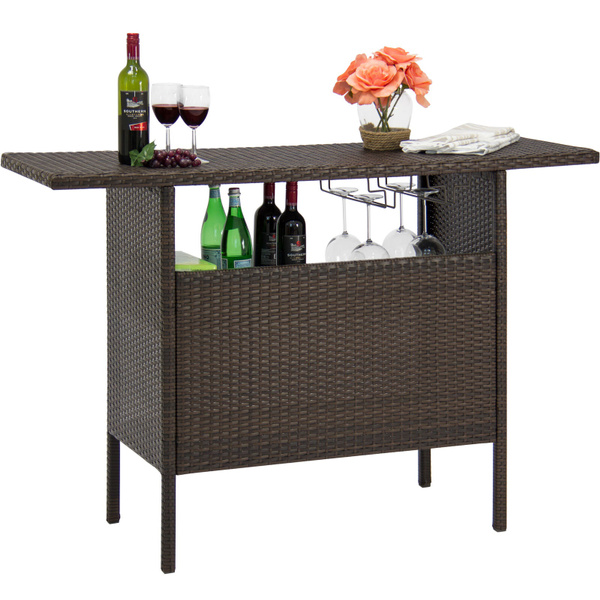 Outdoor Wicker Bar Counter Table w/ 2 Steel Shelves, 2 Rails Wish