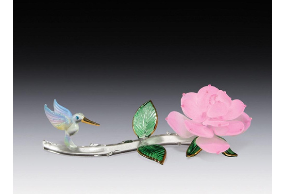 Pink Rose with Hummingbird on Stem Glass Art Figurine Decoration