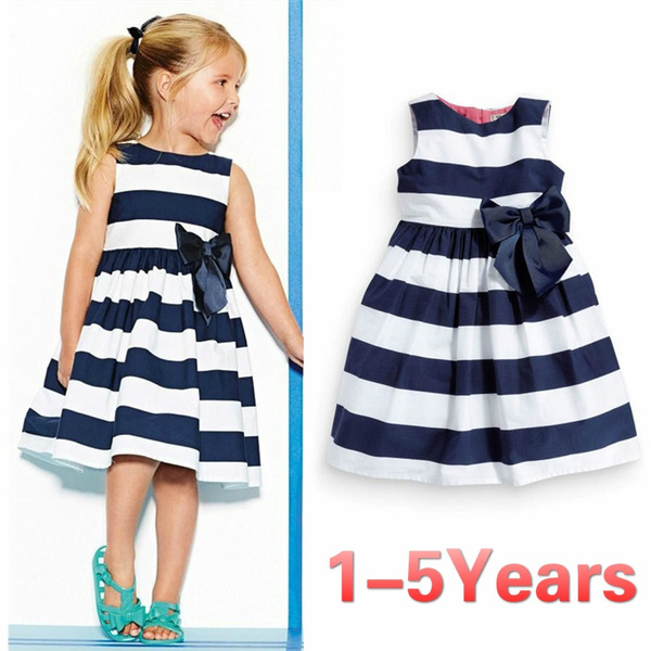 Girls Sleeveless White & Blue Striped Dress - New