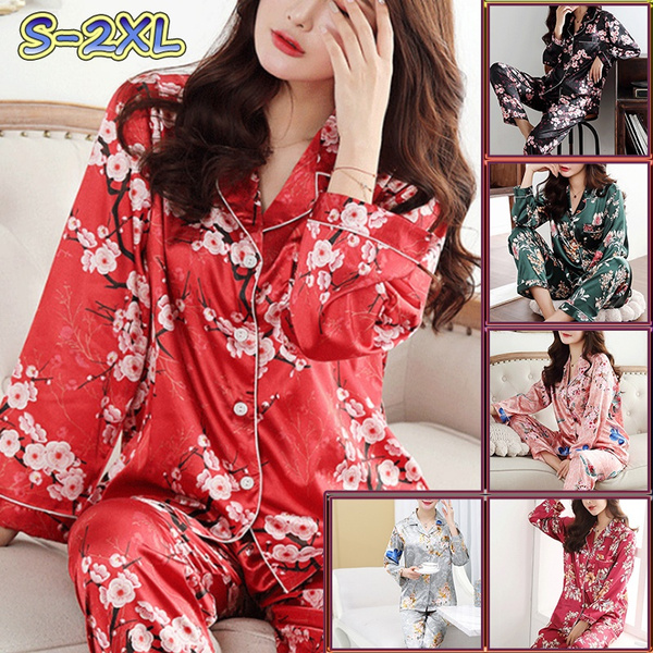 2Pcs Women Satin Silk Sleepwear Pyjamas Set Pijama Suit Female