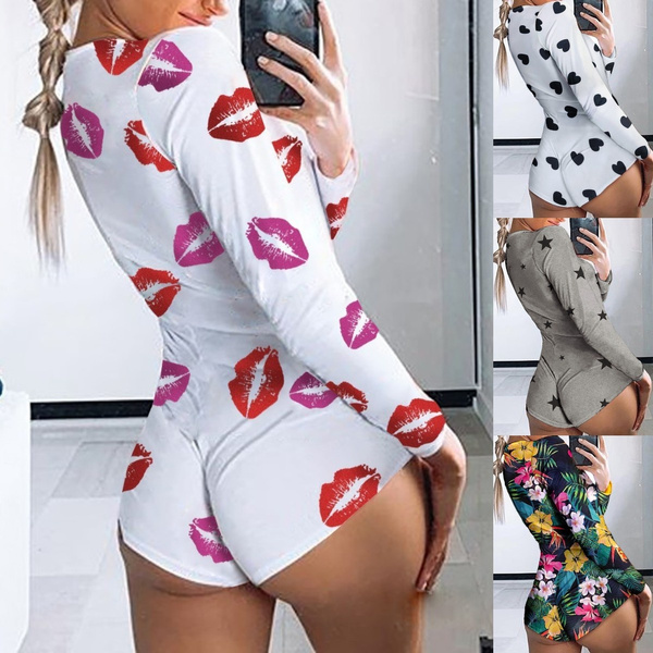 4 Style Long Sleeve Lip Print Lounge Romper Women Fashion V Neck Cute Casual Slim Cotton Jumpsuit Floral Print Pajamas Wish