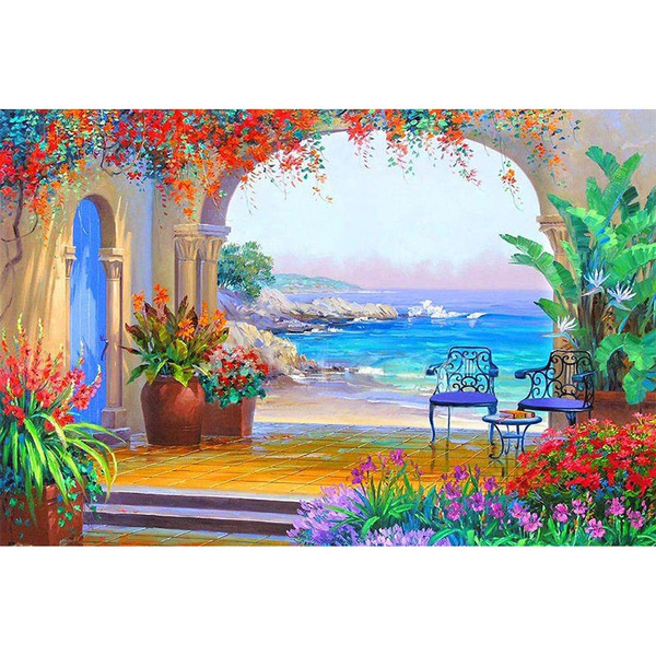 Cheap 3D Diamond Painting Town Full Square Round Drill Art Rhinestone 5D  DIY Diamond Embroidery Landscape Seaside Handmade Gift