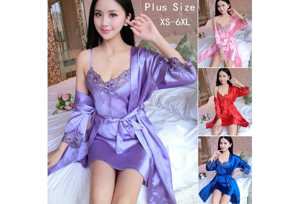 Women's Silk Satin Two-Piece Pajamas Sets Ice Silk Sexy Lace Nightgown  Sleepwear (4 Colors)