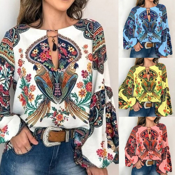 Floral Printed Lantern Sleeve Plus Size Women Tops V Neck Blusas Mujer De  Moda Casual Vintage Shirt Blouse And Blouse | Wish