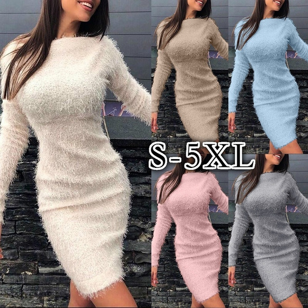 Autumn and Winter Women's Long Sleeve Knitted Sweater Dress Fashion Keep  Warm Boat Neck Slim Fit Mohair Sweater Dress Plus Size S-5XL