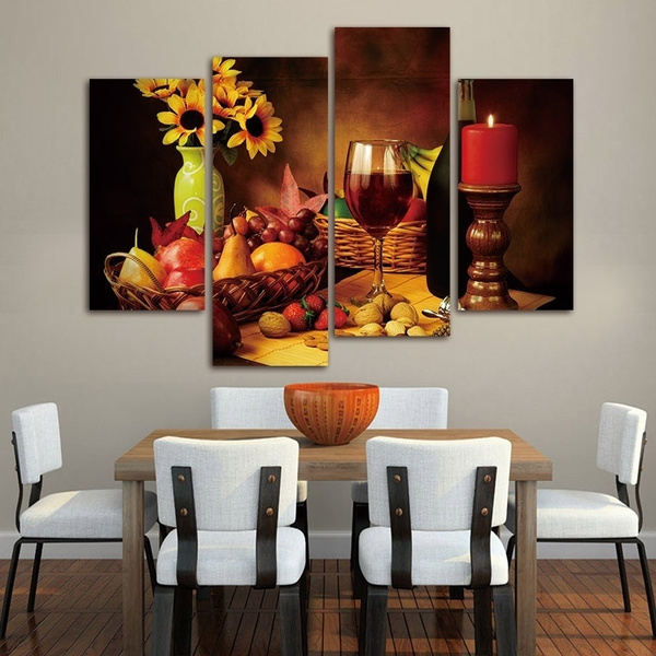 Wine 4 Piece Canvas Paintings Wall Art, Dining Room Artwork Decor