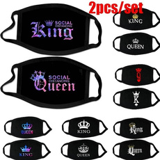 2Pcs Lovers Unisex Fashion Queen/King Letter Black Cotton Face Masks Letter Print Couple Breathing Mask Anti-Dust Earloop Mouth Cover