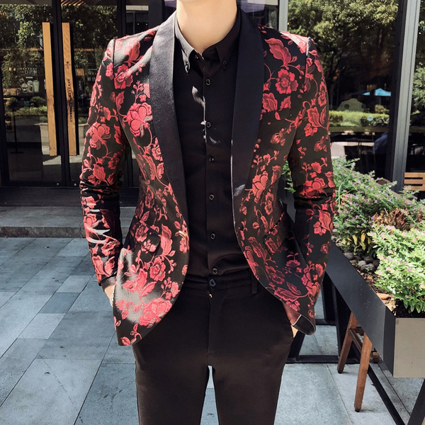 2020 Slim Fit Blazer Male Rose Printing One Button Blazer Jacket Party ...