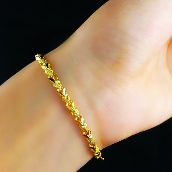 New Arrival pure gold color Heart link Bracelet for women Wholesale Fashion  Jewelry 24K yellow Gold Bracelet for Girls 16+4cm