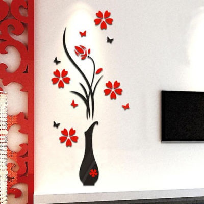 Fashion 3D Vase Flower Tree Design Art Decal Wall Sticker Home Room Decor  DIY Crystal Acrylic 3D Wall Sticker