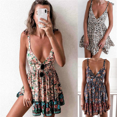 Mini, Moda, Deep V-neck Dress, Summer