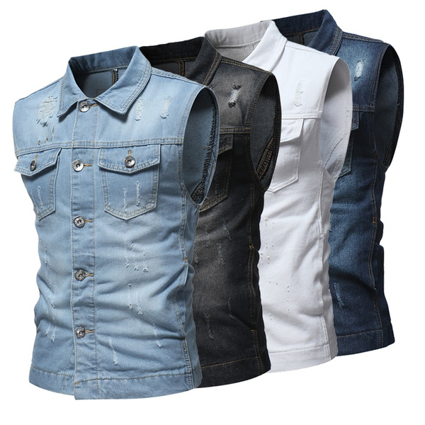 Corriee Mens Denim Vest Jacket Casual Sleeveless Button Tops with Pockets Tank Tops for Men 