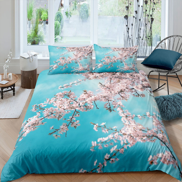 Cherry Blossoms Quilt Cover For Kids, Teal Bedding King Size